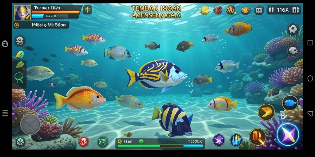 Tampilan gameplay seru dari 116X saat menembak ikan.