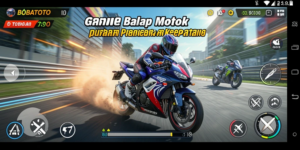 Tampilan gameplay seru BOBATOTO dengan balapan motor yang mendebarkan.