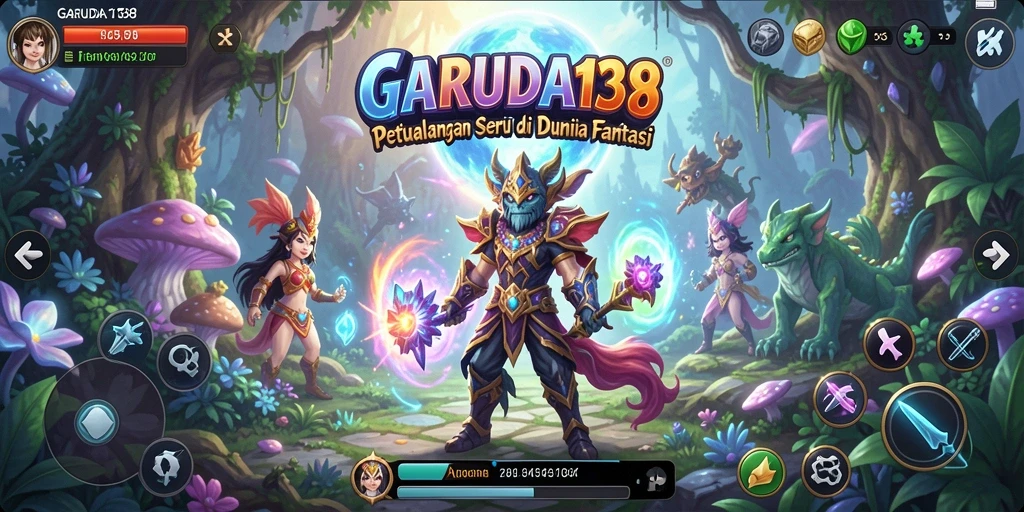 Screenshot GARUDA138 menunjukkan pemain menjelajahi hutan magis yang penuh misteri.