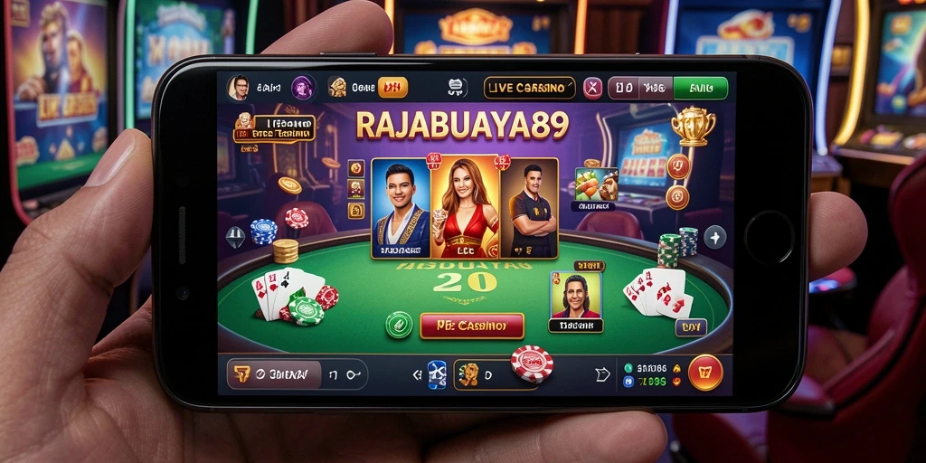 Screenshot gameplay Live Casino RAJABUAYA89 yang menampilkan dealer dan permainan aktif.